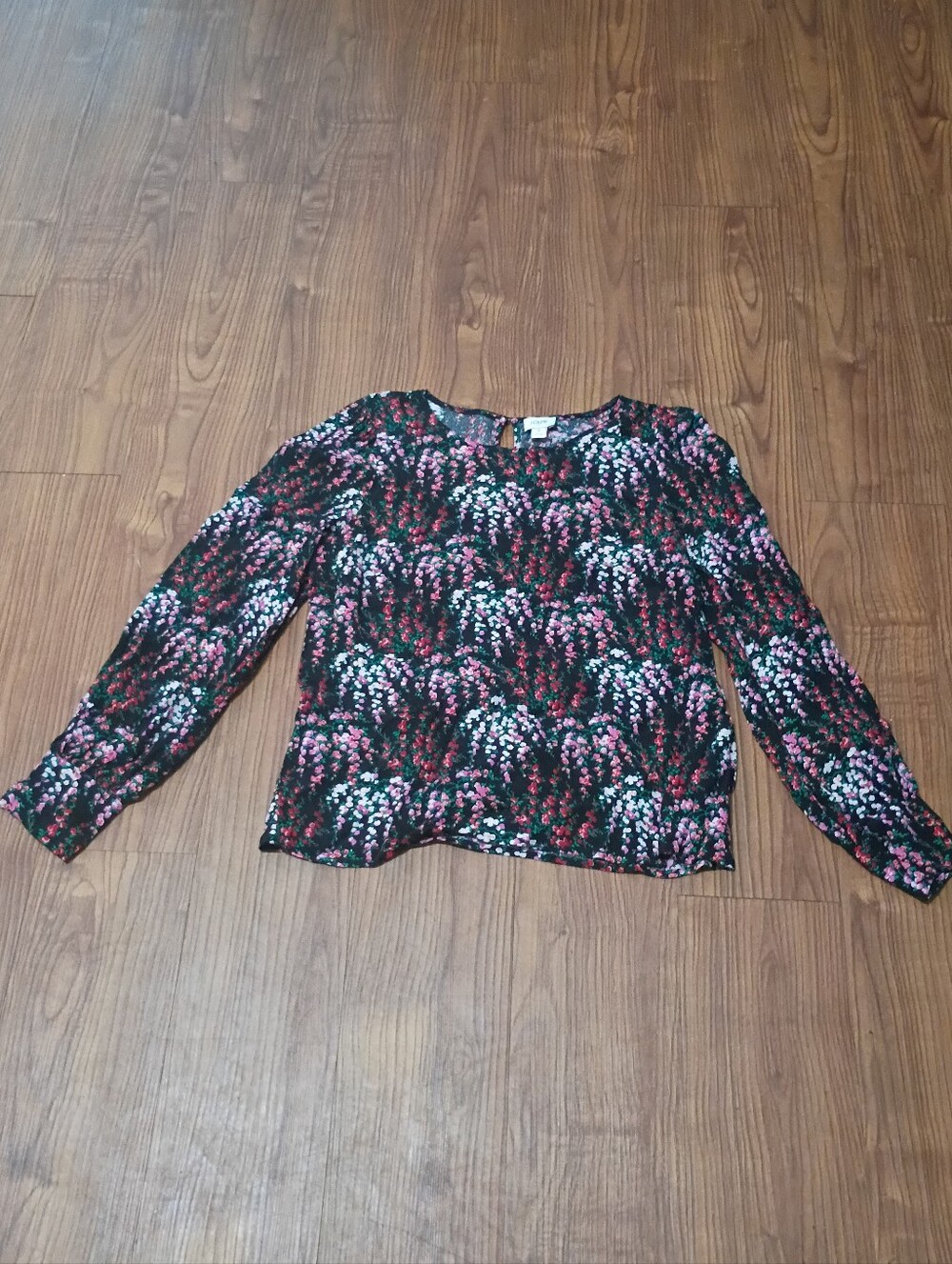 J. Crew Black Floral Long-Sleeve Blouse with Pink & White Bloom Size Small